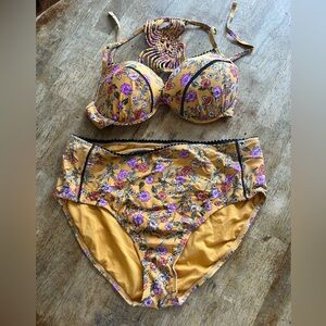 Time and Tru Yellow Floral Bikini Set Intricate Back XL 16-18